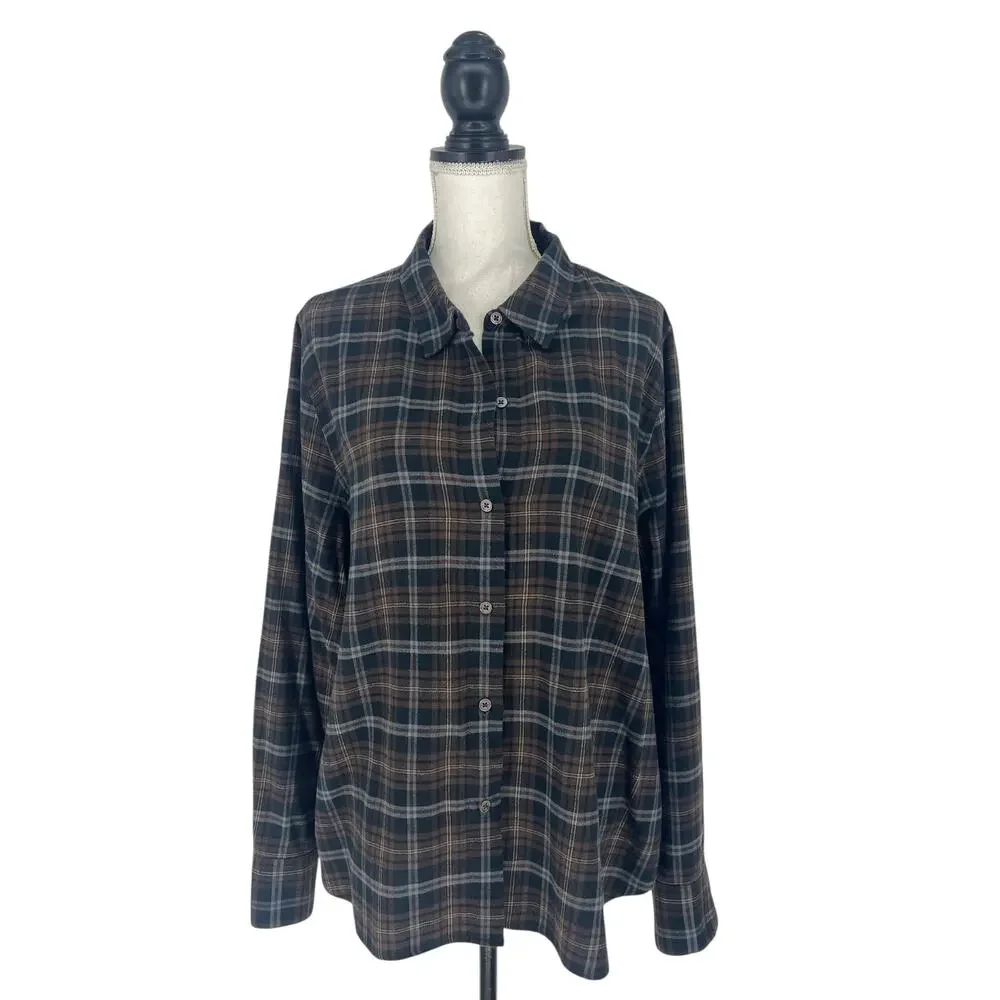 Jenni Kayne Classic Plaid Flannel Shirt Brown and Black Cotton - Picture 2 of 10